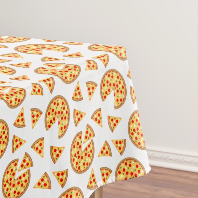 Cool fun pizza and slices pattern on white tablecloth (In Situ)