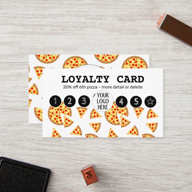Cool fun pizza and slices pattern white Your logo Loyalty Card (Front/Back In Situ)