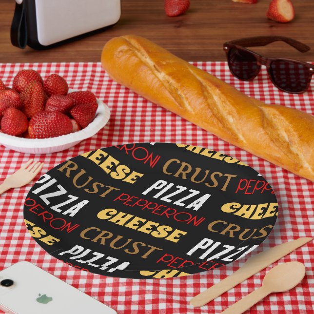 Cool fun pizza pepperoni cheese crust text pattern paper plate (Picnic)