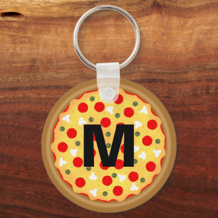 Cool fun pizza pepperoni mushroom Custom Monogram Keychain