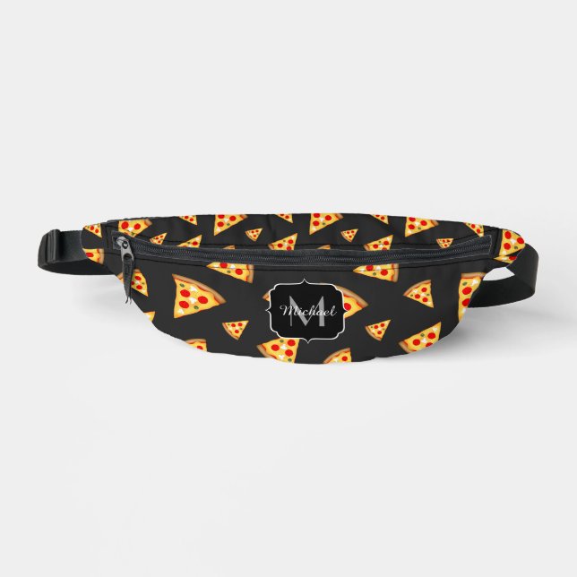 Cool fun pizza slices pattern dark grey Monogram Fanny Pack (Front)