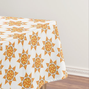 Cool fun pizza slices sun pattern on white tablecloth