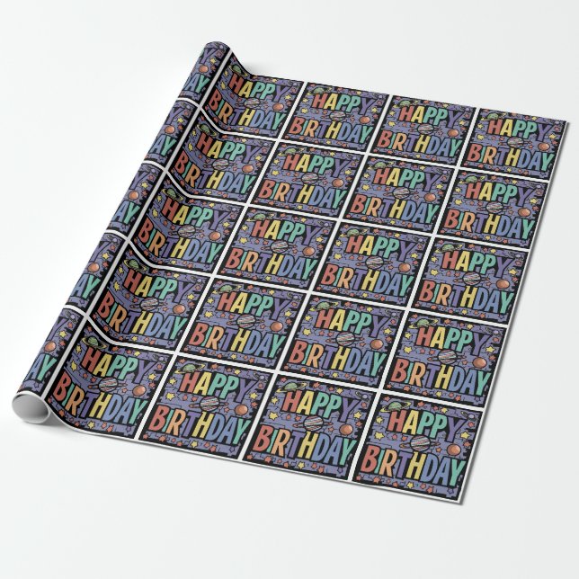 Cool Fun Planets and Stars Happy Birthday Abstract Wrapping Paper (Unrolled)