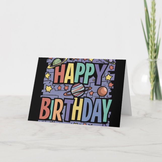 Cool Fun Planets and Stars Happy Birthday Card (Front)
