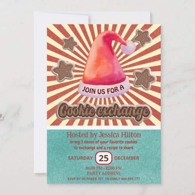 Cool fun retro santa hat cookie exchange party invitation (Front)