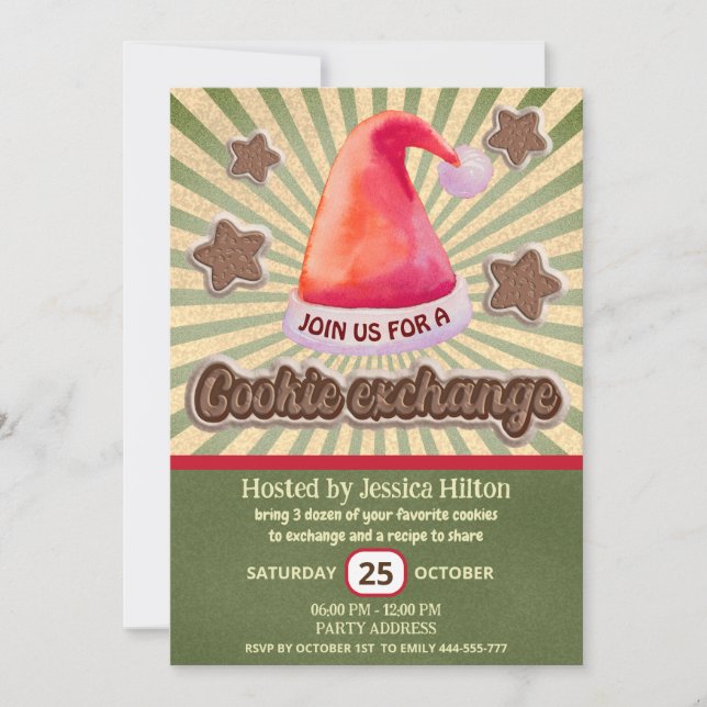 Cool fun retro santa hat cookie exchange party invitation (Front)