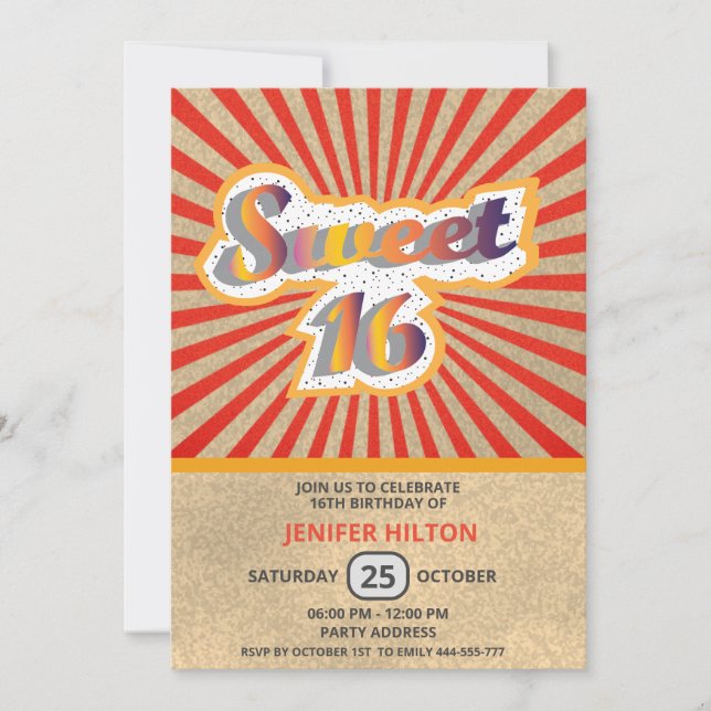 Cool fun retro typography sweet 16 invitation (Front)