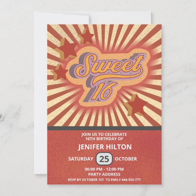 Cool fun retro typography sweet 16 invitation (Front)