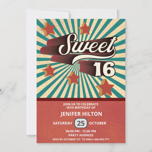 Cool fun retro typography sweet 16 invitation (Front)