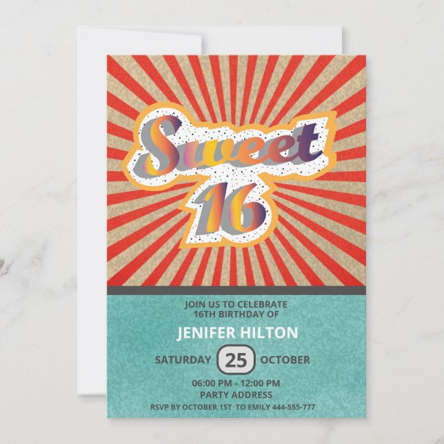 Cool fun retro typography sweet 16 invitation (Front)