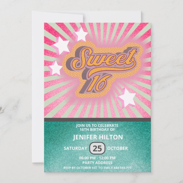 Cool fun retro typography sweet 16 invitation (Front)