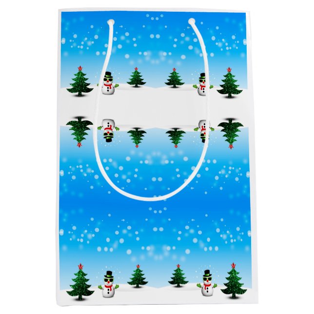 Cool fun Snowman Sparkly Christmas Trees blue Medium Gift Bag (Front)