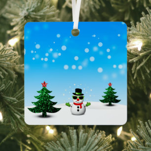 Cool fun Snowman Sparkly Christmas Trees blue Metal Ornament