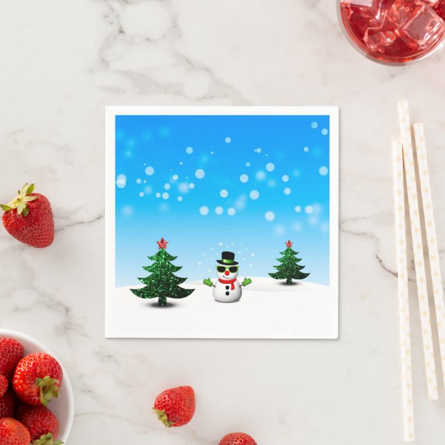 Cool fun Snowman Sparkly Christmas Trees blue Napkin (Insitu)