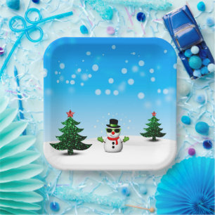 Cool fun Snowman Sparkly Christmas Trees blue Paper Plate