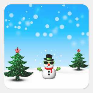 Cool fun Snowman Sparkly Christmas Trees blue Square Sticker