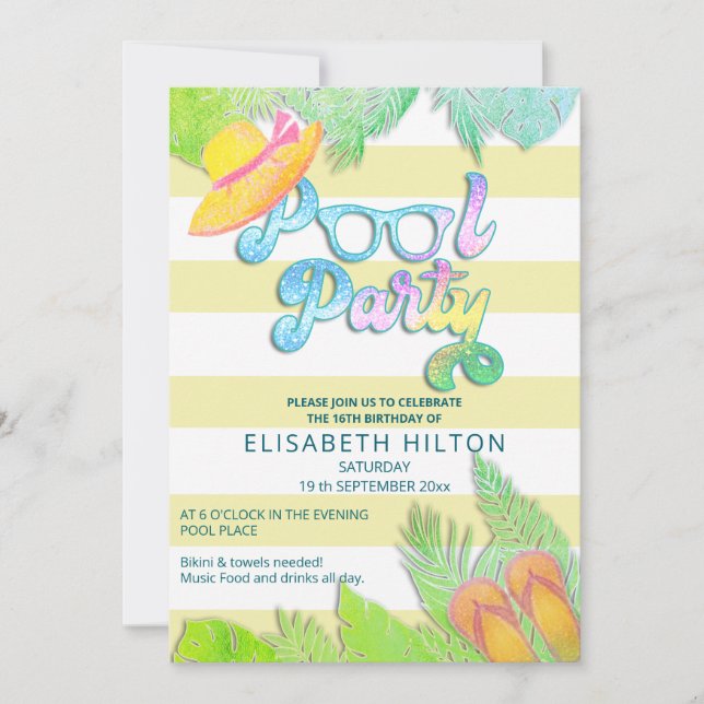 Cool fun summer script pool party birthday  invitation (Front)