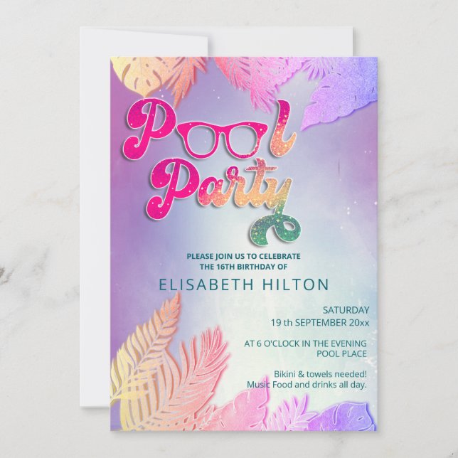 Cool fun summer script pool party birthday  invitation (Front)