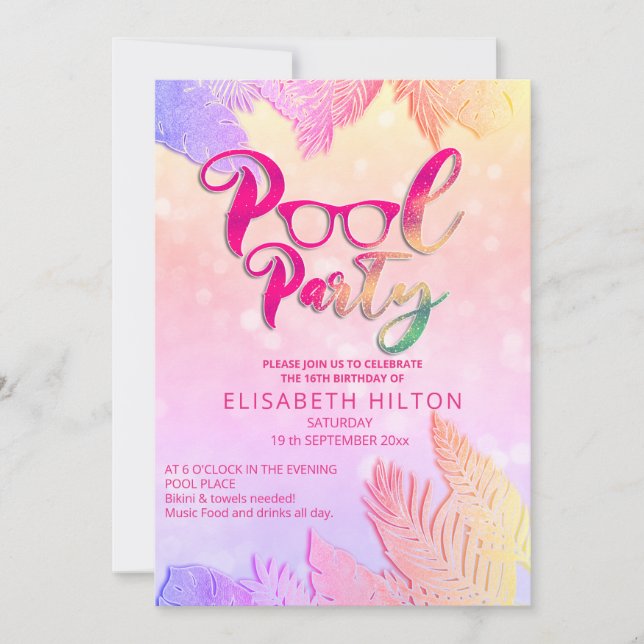 Cool fun summer script pool party birthday  invitation (Front)