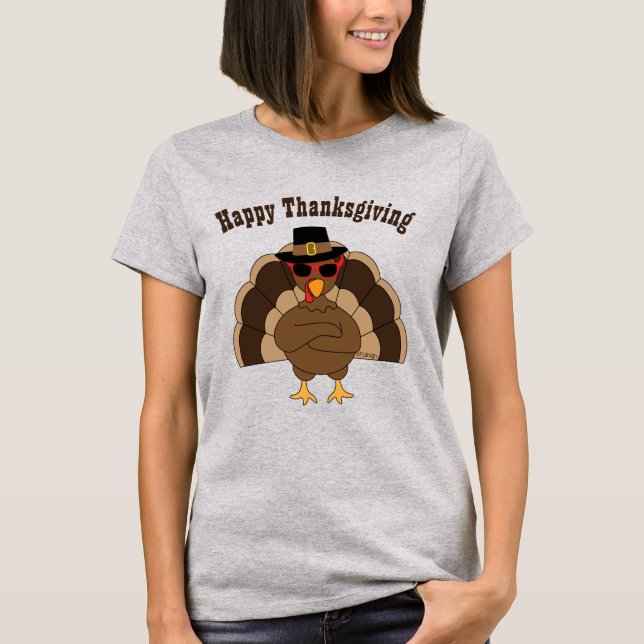 Cool fun turkey Happy Thanksgiving custom text T-Shirt (Front)