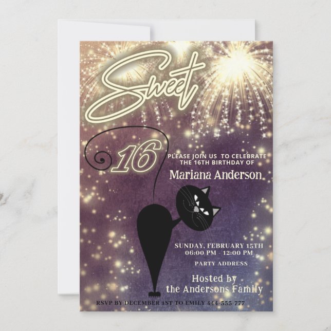 Cool fun whimsy cat balloon sparkle fireworks  invitation (Front)