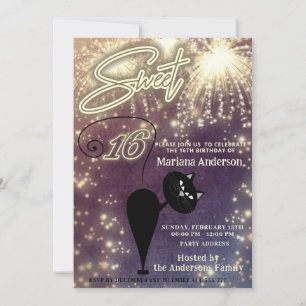 Cool fun whimsy cat balloon sparkle fireworks invitation