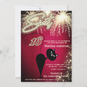 Cool fun whimsy cat balloon sparkle fireworks  invitation