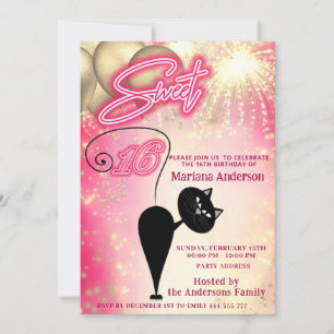 Cool fun whimsy cat balloon sparkle fireworks  invitation