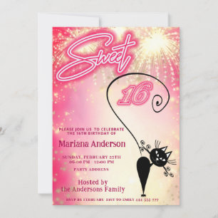 Cool fun whimsy cat balloon sparkle fireworks  invitation