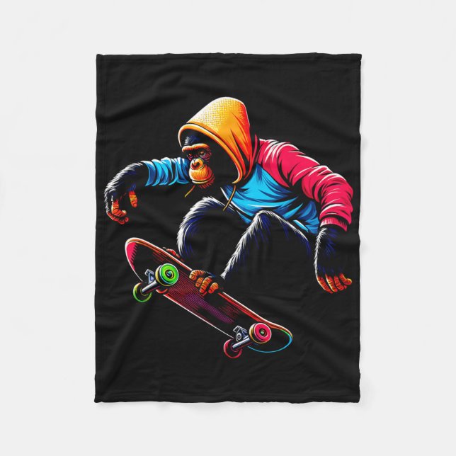 Cool Funky Bonobo Monkey Skateboarding Illustratio Fleece Blanket (Front)