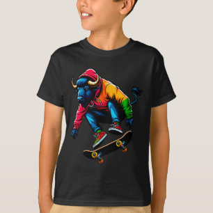 Cool Funky Buffalo Skateboarding Illustration Art  T-Shirt