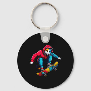 Cool Funky Cat Skateboarding Cat Lover Illustratio Keychain