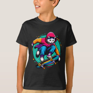 Cool Funky Cat Skateboarding Cat Lover Illustratio T-Shirt