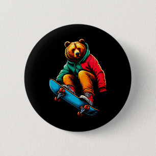 Cool Funky Grizzly Bear Skateboarding Illustration 2 Inch Round Button