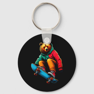 Cool Funky Grizzly Bear Skateboarding Illustration Keychain