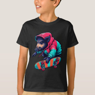 Cool Funky Wild Boar Skateboarding Illustration Ar T-Shirt