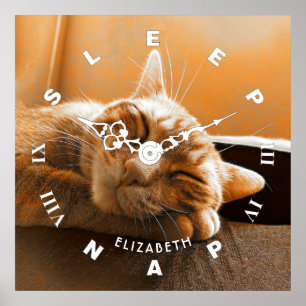 Cool Funny Cat Sleeping And Napping Clock Poster