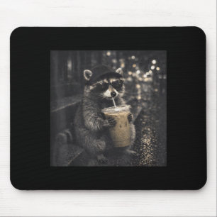 Cool funny drinking iced coffee sunglasses raccoon mouse pad