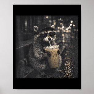 Cool Funny Drinking Iced Coffee Sunglasses Raccoon Poster