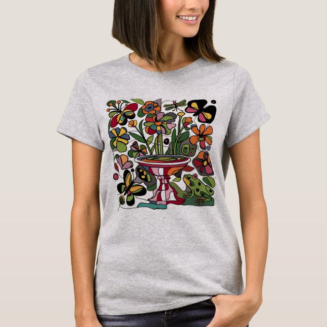Cool Funny Frog and Butterflies Garden Abstract T-Shirt (Front)