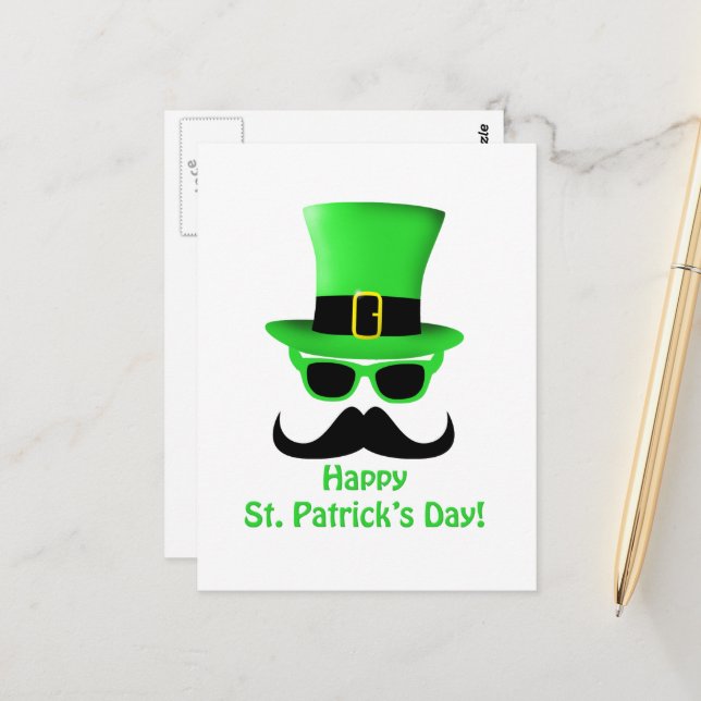 Cool Funny St. Patrick's Day Moustache Top hat Man Postcard (Front/Back In Situ)