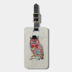 Cool funny trendy colourful watercolours owl luggage tag