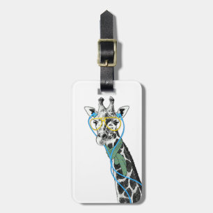 Cool funny trendy giraffe with glasses, earphones luggage tag