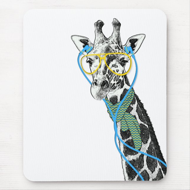 Cool funny trendy giraffe with glasses, earphones mouse pad (Front)