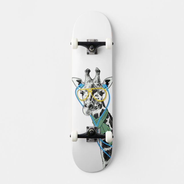 Cool funny trendy giraffe with glasses, earphones skateboard (Front)