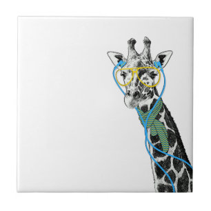 Cool funny trendy giraffe with glasses, earphones tile