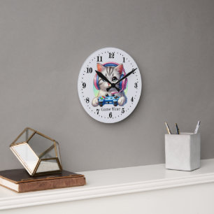 Cool game time customizable cat round clock