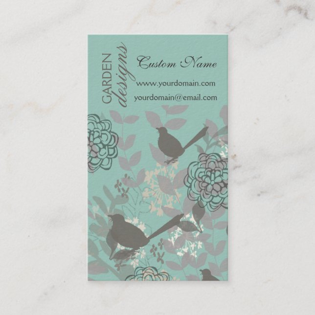 Cool Garden Cute Birds  N Floral Pattern in Blue Business Card (Front)