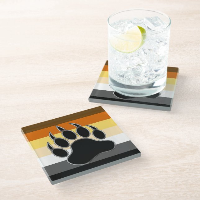 Cool Gay Bear Pride Flag Bear Paw Glass Coaster (Angled)