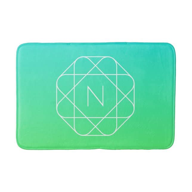 Cool Geometric Monogram | Blue & Lime Green Ombre Bath Mat (Front)